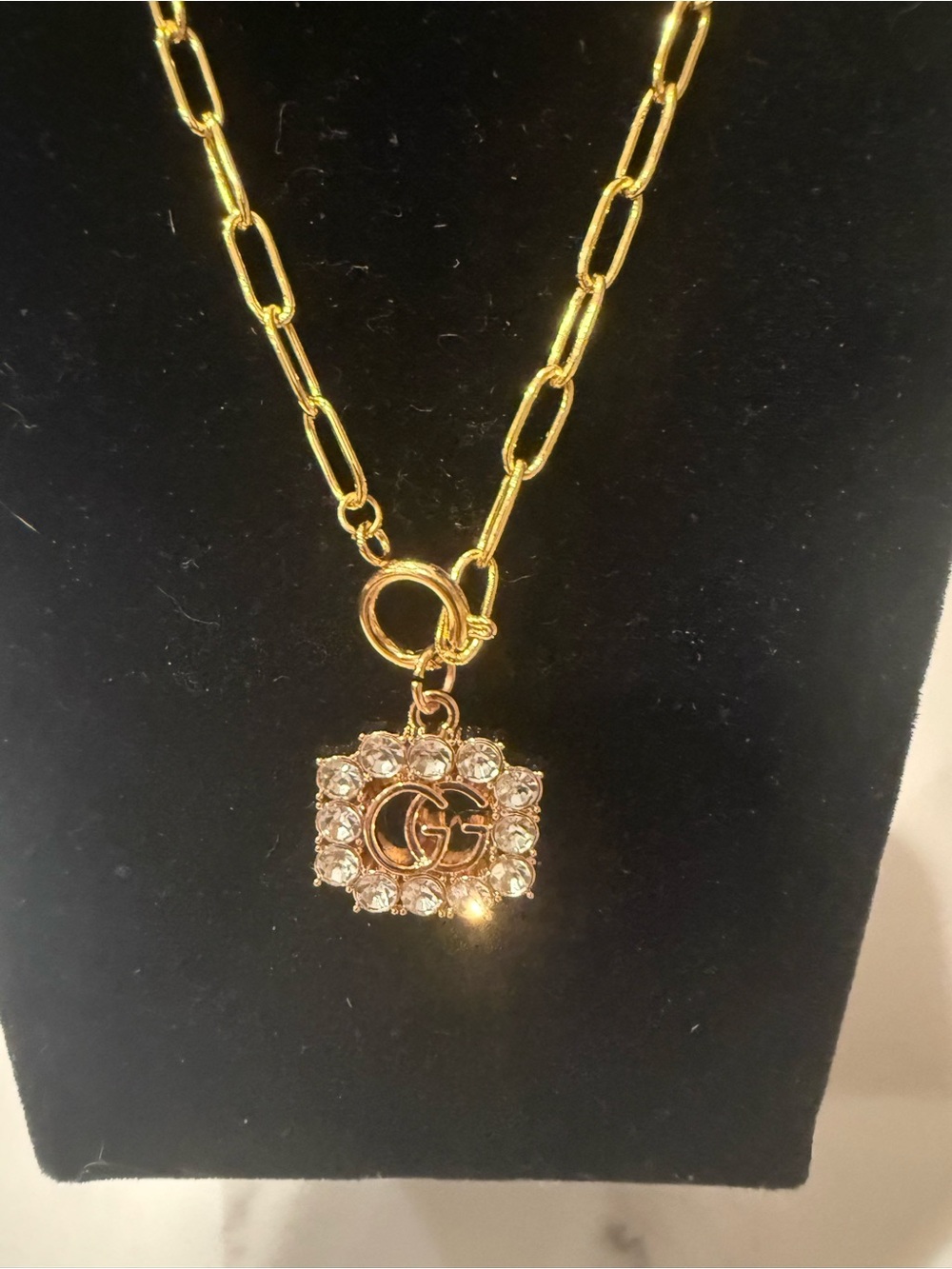 Upcycled Gucci Gold Crystal GG Charm Pendant Necklace - Picture 9 of 12